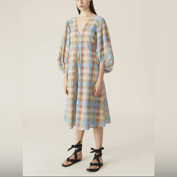 GANNI Seersucker Check Midi Dress Multicolor